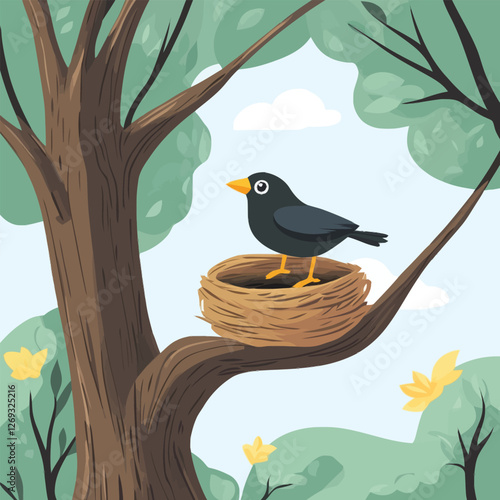 A detailed 2D vector of a bird building a nest in a leafy tree.