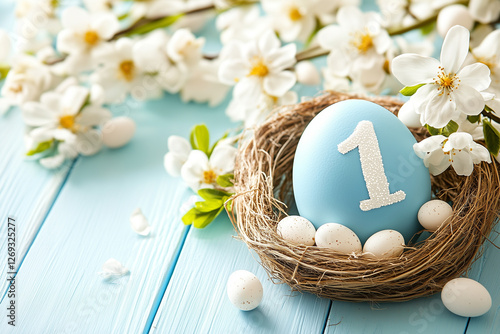 A decorative blue Easter egg with the number one, nestled in a natural nest surrounded by white flowers and small white eggs on a light blue wooden surface. photo