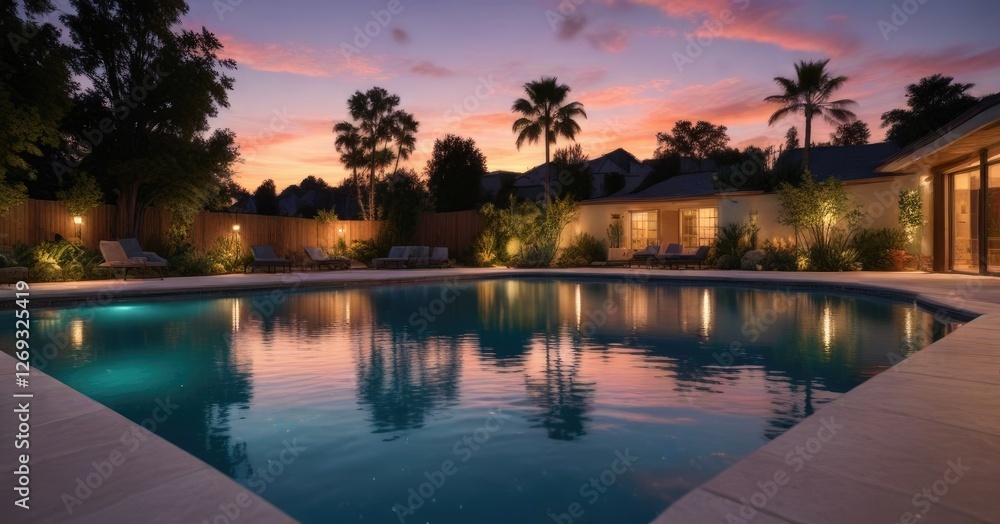 Sunset over a serene backyard pool with twinkling lights, summer fun, peaceful ambiance, backyard pool at sunset with twinkling lights Sunset over a serene backyard pool with twinkling lights, summer fun, peaceful ambiance, backyard pool at sunset with twinkling lights