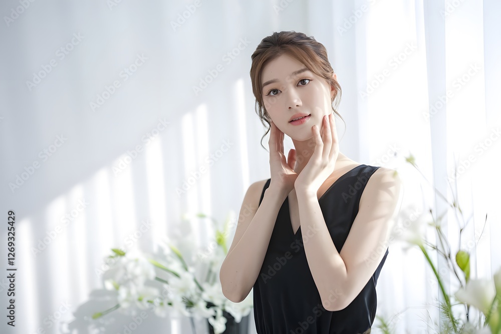 A young Asian woman with a serene expression gently touches her face, highlighting smooth, healthy skin. A young Asian woman with a serene expression gently touches her face, highlighting smooth, healthy skin.