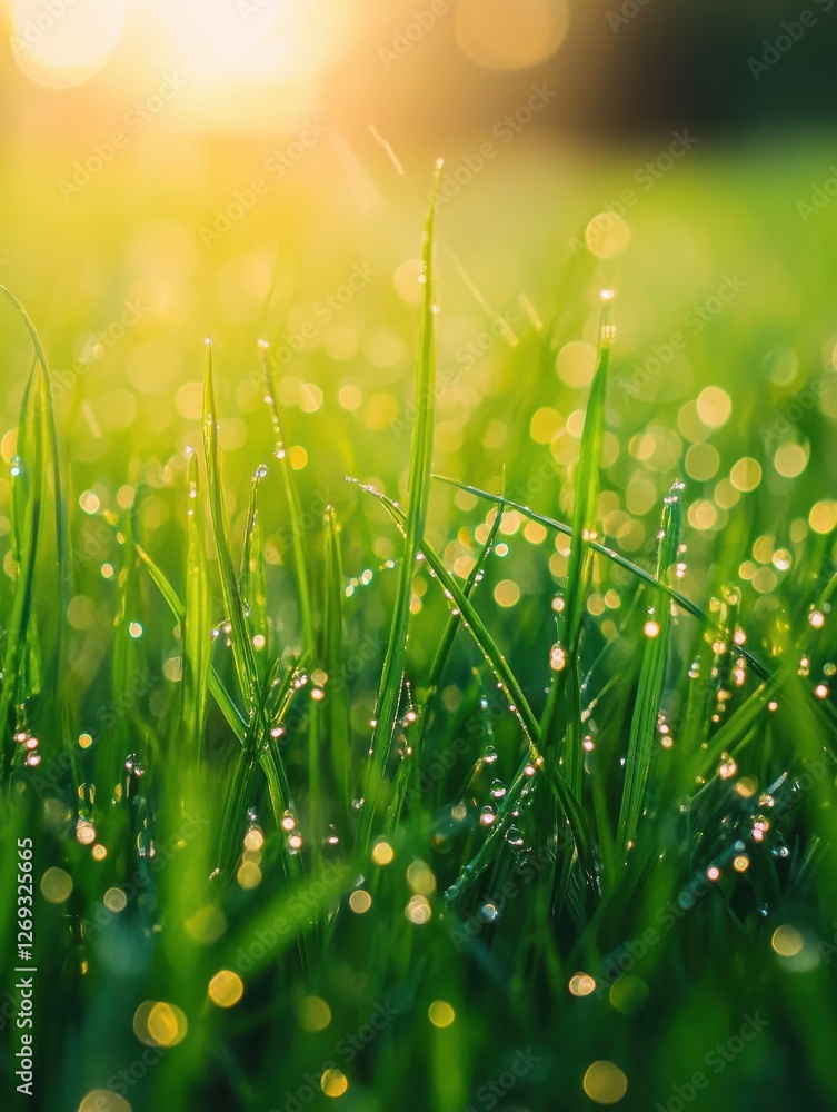 Fototapeta premium Green grass with morning dew at sunrise. Macro image, shallow depth of field. Blurred summer nature background