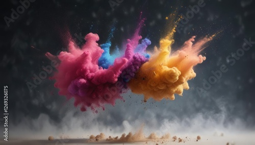 Swirling colored dust particles suspended in mid-air, powdery colors, vibrant dust motes, airburst of color photo