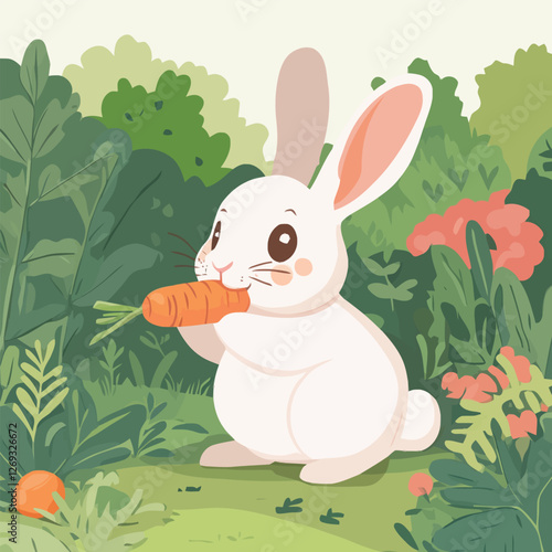 A cute 2D vector of a rabbit nibbling a carrot in a garden.