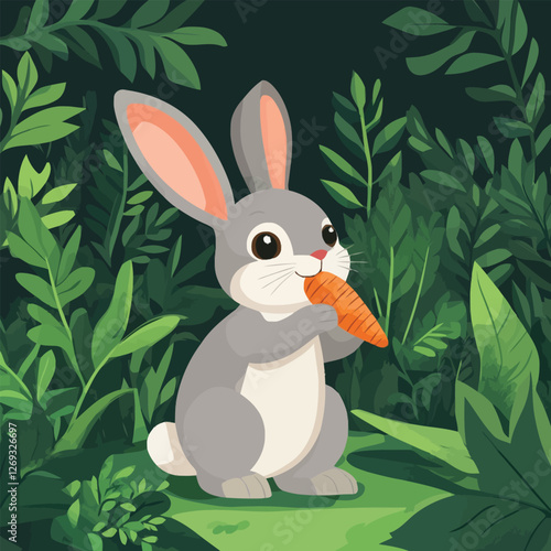A cute 2D vector of a rabbit nibbling a carrot in a garden.