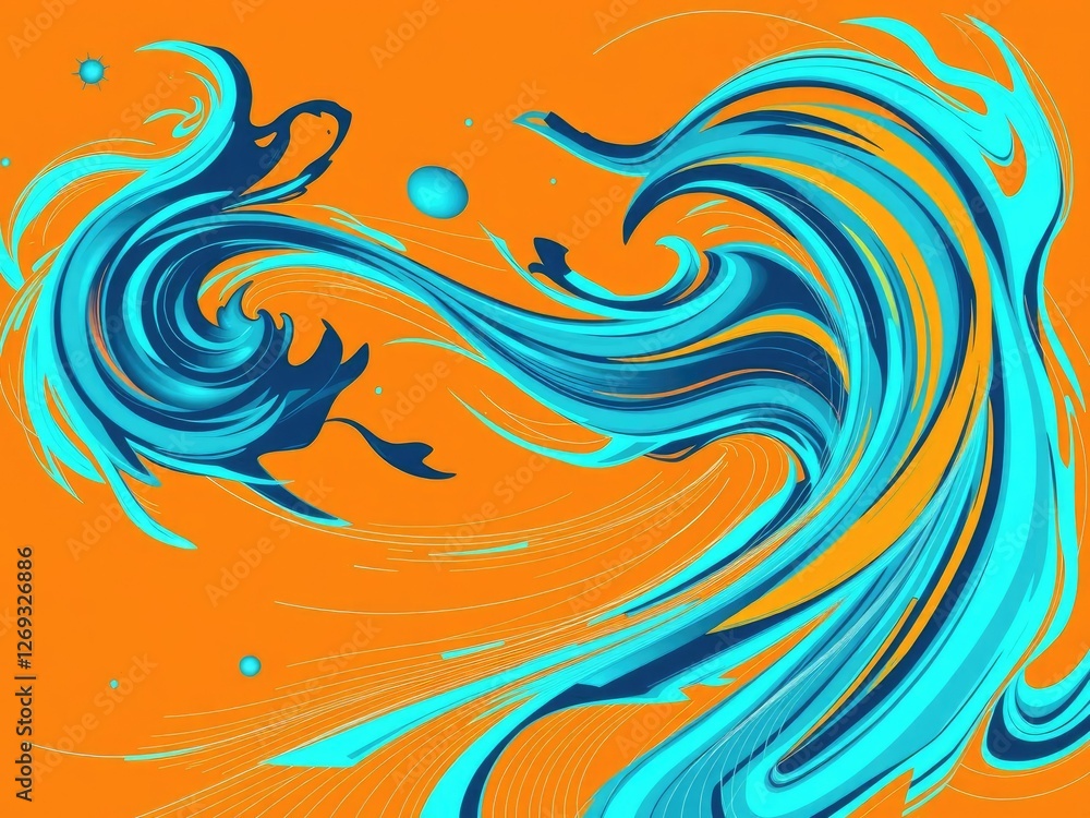 Fototapeta premium Swirling shapes and dynamic motion lines in an orange energetic background conveying a sense of dynamism and movement, flowing lines, abstract shapes
