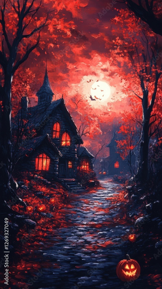 Crimson Enchantment, A Halloween Dreamscape with Haunted Home Generated AI Crimson Enchantment, A Halloween Dreamscape with Haunted Home Generated AI