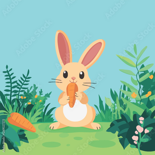 A cute 2D vector of a rabbit nibbling a carrot in a garden.