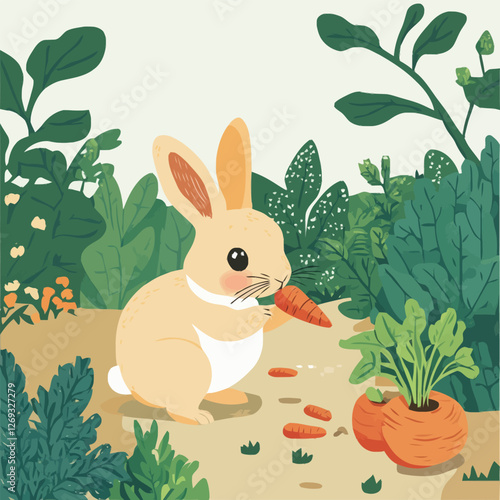 A cute 2D vector of a rabbit nibbling a carrot in a garden.