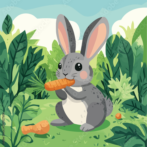 A cute 2D vector of a rabbit nibbling a carrot in a garden.