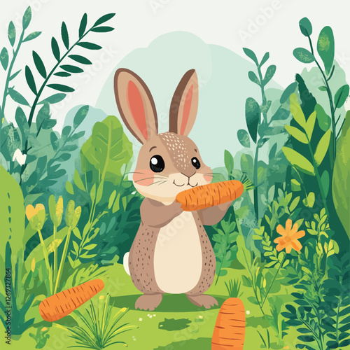 A cute 2D vector of a rabbit nibbling a carrot in a garden.