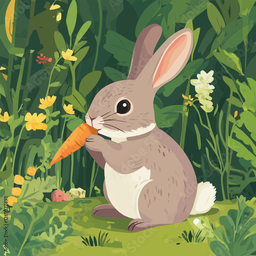A cute 2D vector of a rabbit nibbling a carrot in a garden.