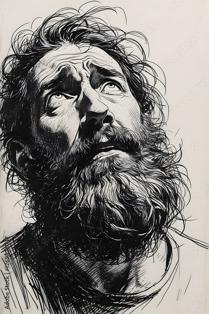 Fototapeta premium A rugged man with a beard and tousled hair, gazing upwards in a thoughtful expression, captured in a detailed black and white ink drawing.