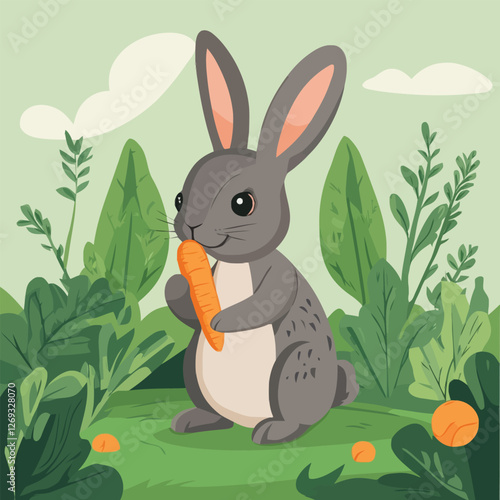 A cute 2D vector of a rabbit nibbling a carrot in a garden.