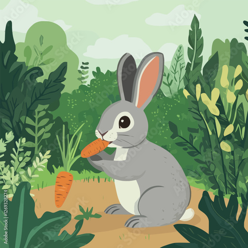A cute 2D vector of a rabbit nibbling a carrot in a garden.