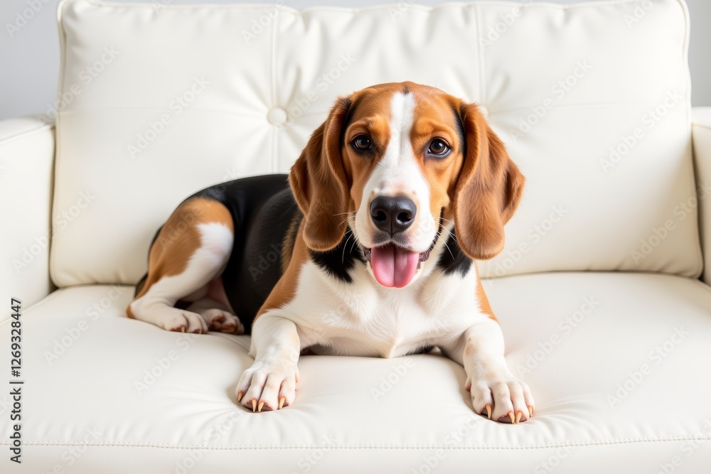 Beagle lying on couch, looking happy and relaxed. Concept includes beagle lying on couch, showcasing comfort and companionship in a cozy home setting. Beagle lying on couch, looking happy and relaxed. Concept includes beagle lying on couch, showcasing comfort and companionship in a cozy home setting.
