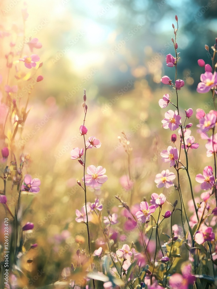 Pink spring flowers on a meadow, blurry sunlight background Pink spring flowers on a meadow, blurry sunlight background