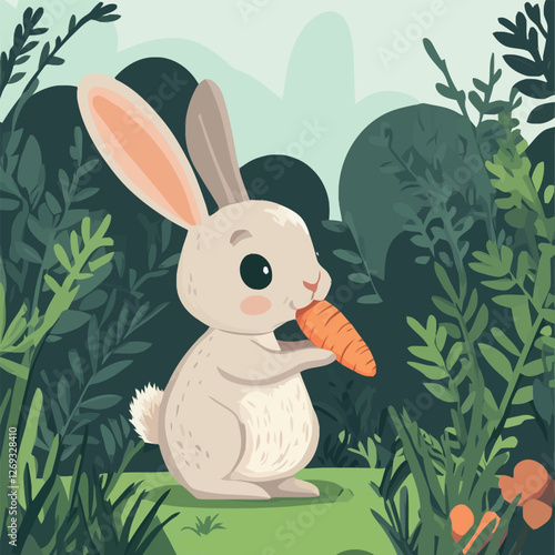 A cute 2D vector of a rabbit nibbling a carrot in a garden.