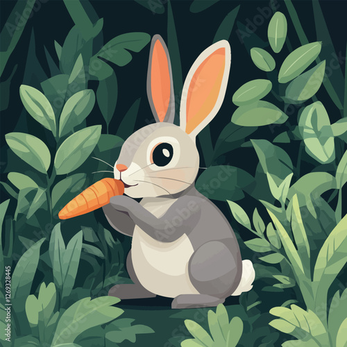 A cute 2D vector of a rabbit nibbling a carrot in a garden.