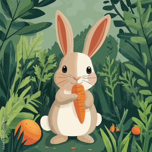 A cute 2D vector of a rabbit nibbling a carrot in a garden.