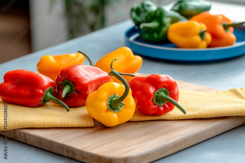 Vibrant bell peppers arranged on a wooden cutting board with a colorful background Vibrant bell peppers arranged on a wooden cutting board with a colorful background