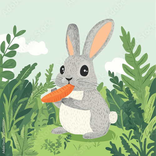 A cute 2D vector of a rabbit nibbling a carrot in a garden.