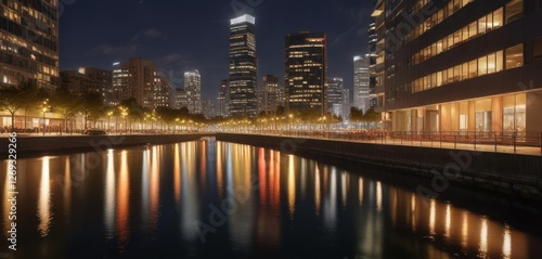 The Diagonal Mar promenade is lined with modern buildings and streetlights that cast a warm glow on the calm waters, diagonal mar, waterfront promenade