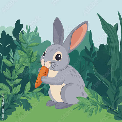 A cute 2D vector of a rabbit nibbling a carrot in a garden.