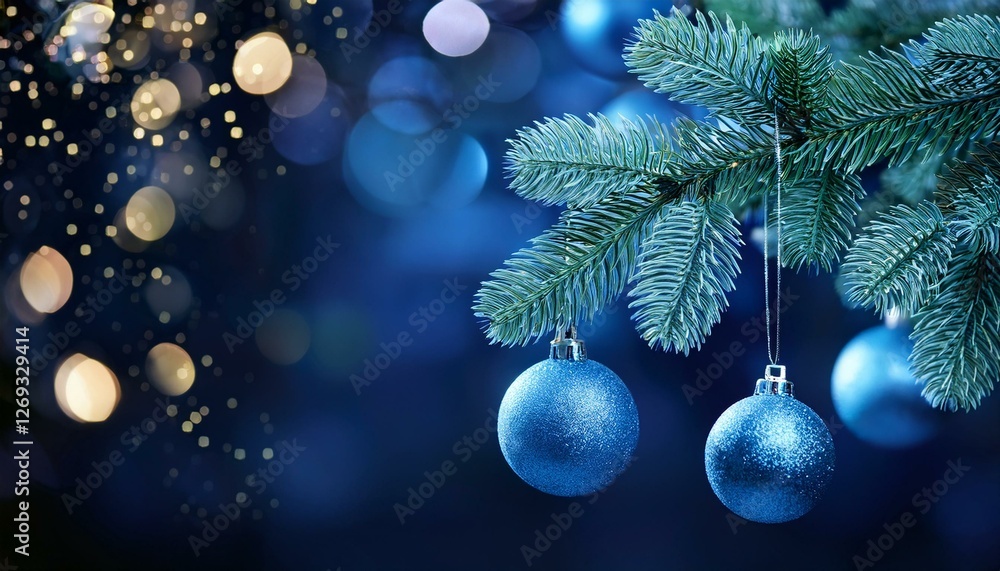 christmas tree with baubles in blue night ornaments on fir branches with glittering and defocused lights in abstract background christmas tree with baubles in blue night ornaments on fir branches with glittering and defocused lights in abstract background