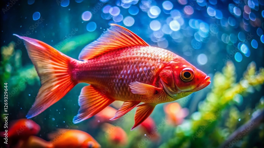 Fototapeta premium Vibrant Red Fish Swimming in Aquarium - Macro Photography Stock Image
