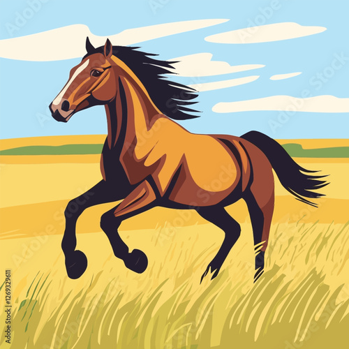 A graceful 2D vector of a horse galloping freely in an open field.