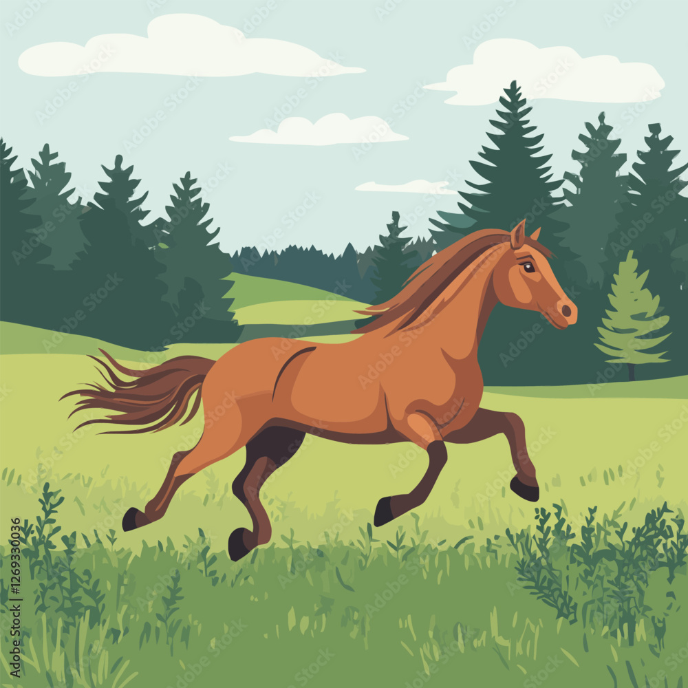 A graceful 2D vector of a horse galloping freely in an open field. A graceful 2D vector of a horse galloping freely in an open field.