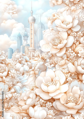 A white flowery background with a tall building in the background. The flowers are white and the background is light blue