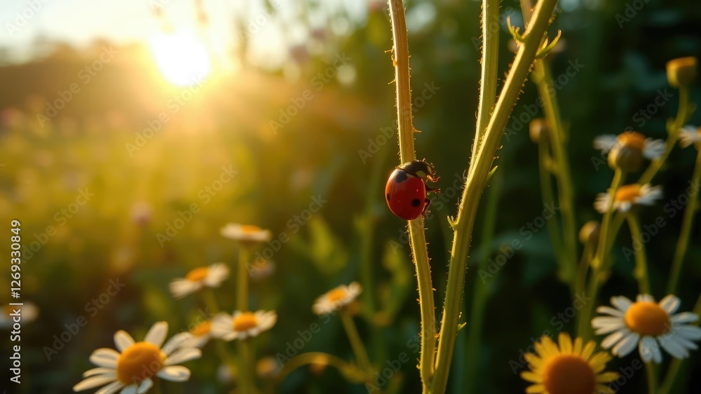 Obraz premium Tiny red ladybug crawling along the stem of a tall camomile plant as the sun casts a warm glow over the garden and surrounding foliage, camomile plant, red ladybug