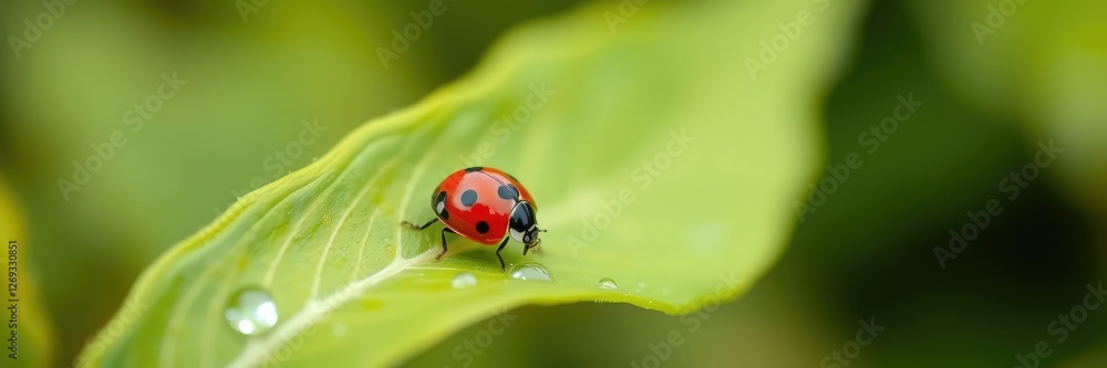 Tiny red ladybug perched on a fresh green leaf, its shiny black spots glistening with morning dew, foliage, nature, color Tiny red ladybug perched on a fresh green leaf, its shiny black spots glistening with morning dew, foliage, nature, color