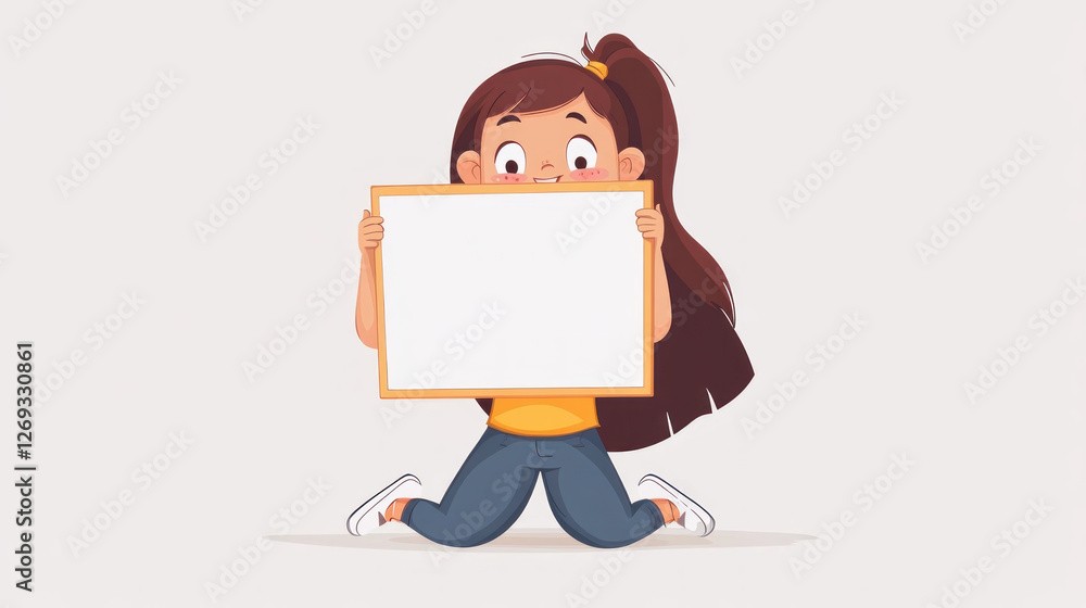 Girl kneeling, holding blank sign, studio background, ad Girl kneeling, holding blank sign, studio background, ad