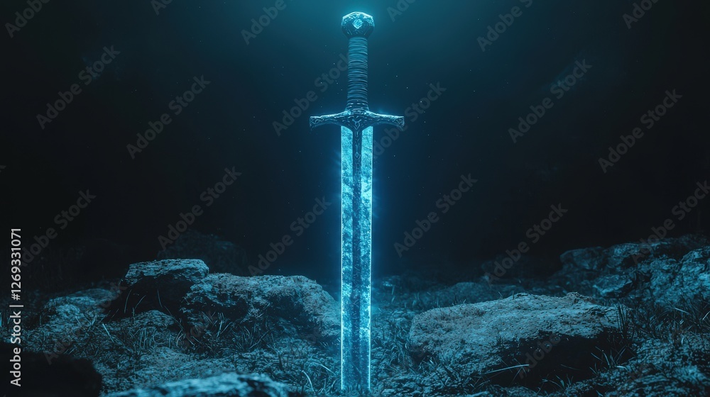 Fototapeta premium Magical Glowing Sword in Cinematic Atmosphere with Ethereal Lighting Effects