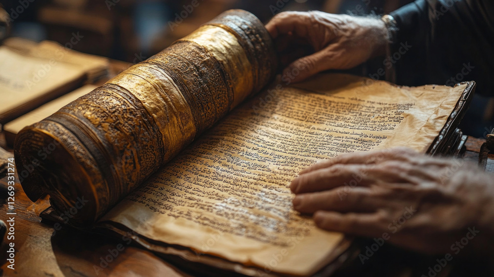 Torah scroll being carefully unfurled during a synagogue service, with hands touching the parchment respectfully Torah scroll being carefully unfurled during a synagogue service, with hands touching the parchment respectfully