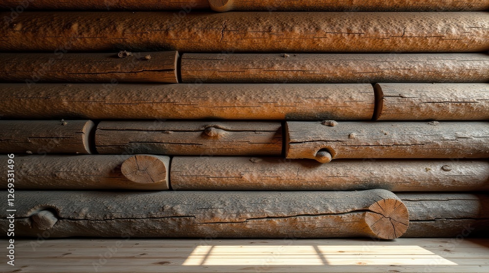 Rustic Wooden Wall Texture A Detailed Image of Stacked Logs Showing Natural Wood Grain and Knots, Ideal for Backgrounds and Design Projects Rustic Wooden Wall Texture A Detailed Image of Stacked Logs Showing Natural Wood Grain and Knots, Ideal for Backgrounds and Design Projects