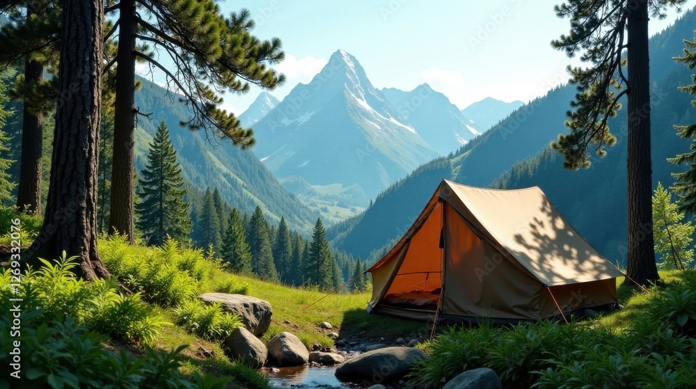 Serene Mountain Campsite A solitary tent nestled amidst towering pines, overlooking a tranquil stream and breathtaking panoramic mountain vista, bathed in the soft glow of sunlight. Serene Mountain Campsite A solitary tent nestled amidst towering pines, overlooking a tranquil stream and breathtaking panoramic mountain vista, bathed in the soft glow of sunlight.
