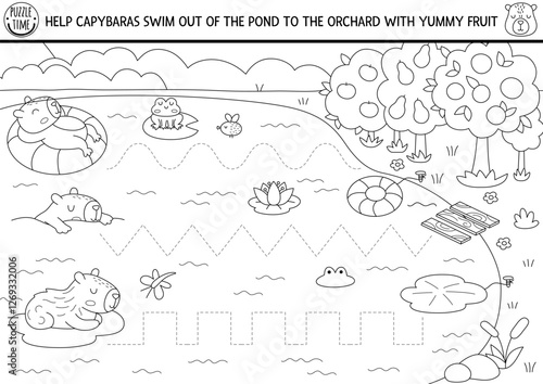 Vector handwriting practice worksheet with capybara. Printable black and white activity for preschool kids with cute animals. Tracing line game, coloring page. Help capibaras swim off pond to orchard
