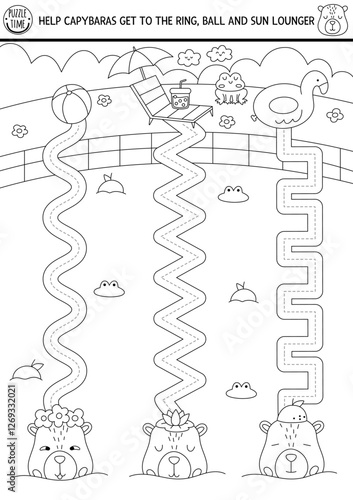 Vector handwriting practice worksheet with capybara in swimming pool. Printable black and white activity with animals. Tracing game, coloring page. Help capibaras get to ball, sun lounger