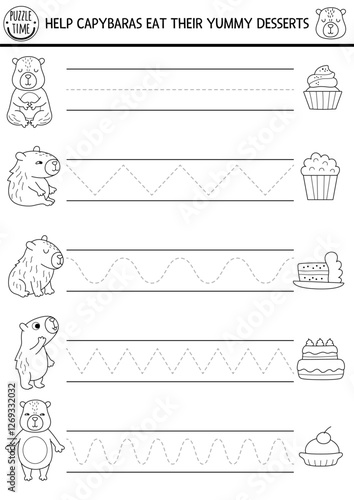 Vector black and white handwriting practice worksheet with capybaras and cakes. Printable line activity for preschool kids with animals. Tracing game, coloring page. Help capibaras eat yummy dessert