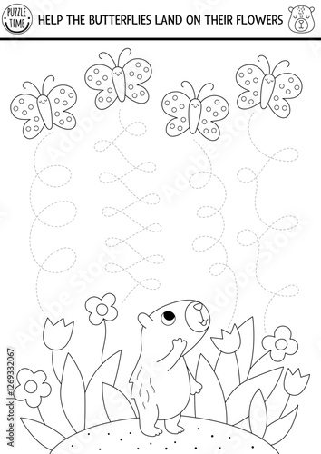 Vector black and white handwriting practice worksheet with capybara and butterflies landing on flower. Printable line activity for preschool kids with animals. Tracing game, coloring page