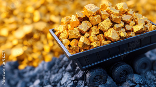 Model mining cart filled with golden nuggets on background of gold and rocks photo