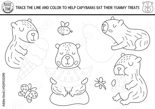 Capybara black and white drawing, writing, tracing and coloring page for kids with animals eating ice-cream, watermelon. Capibara preschool printable activity, game, handwriting practice puzzle