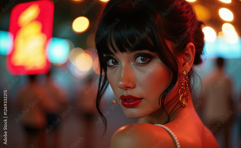 Evening portrait of a woman with captivating features in city lights Evening portrait of a woman with captivating features in city lights