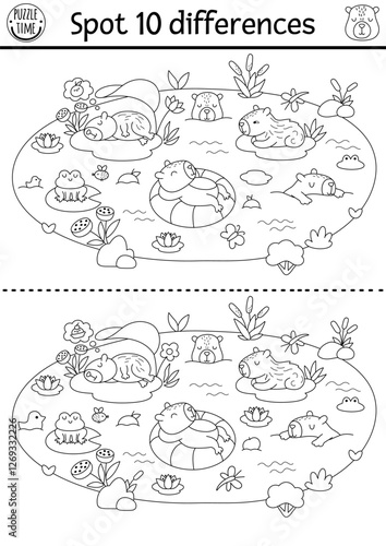 Find differences game for children. Capybara black and white activity with animals swimming, having fun in pond. Puzzle for kids with capibara. Printable worksheet or coloring page