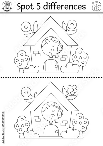 Find differences game for children. Capybara black and white educational activity with cute animal in house. Puzzle for kids with capibara. Printable worksheet or coloring page for logic, attention