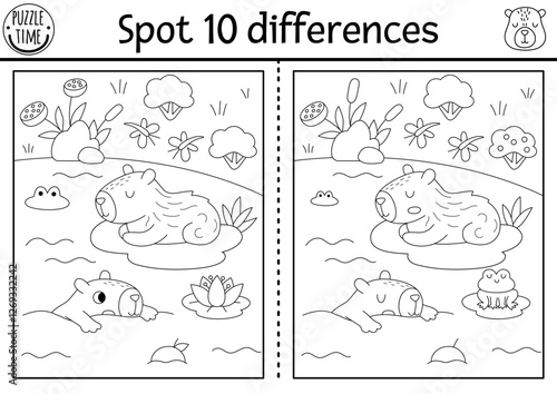 Find differences game for children. Capybara black and white activity with cute animal swimming on water lily pad in pond. Puzzle for kids with capibara. Printable worksheet or coloring page
