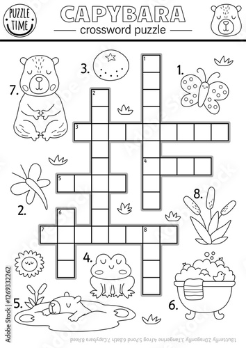 Vector capybara crossword puzzle for kids. Black and white quiz with butterfly, tangerine, reeds, frog, bath for children. Line capibara educational cross word activity, coloring page with animals